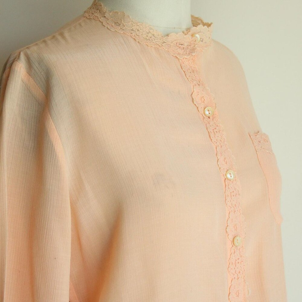 Vintage 1970s 1980s Blouse, Miss Capri Peach Shirt with Lace Trim, Grandma Core - Picture 5 of 10